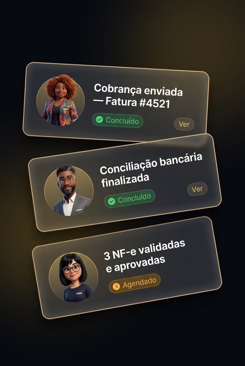 Cards de tarefas completadas pelo time de IA — cobrança, conciliação e NFs
