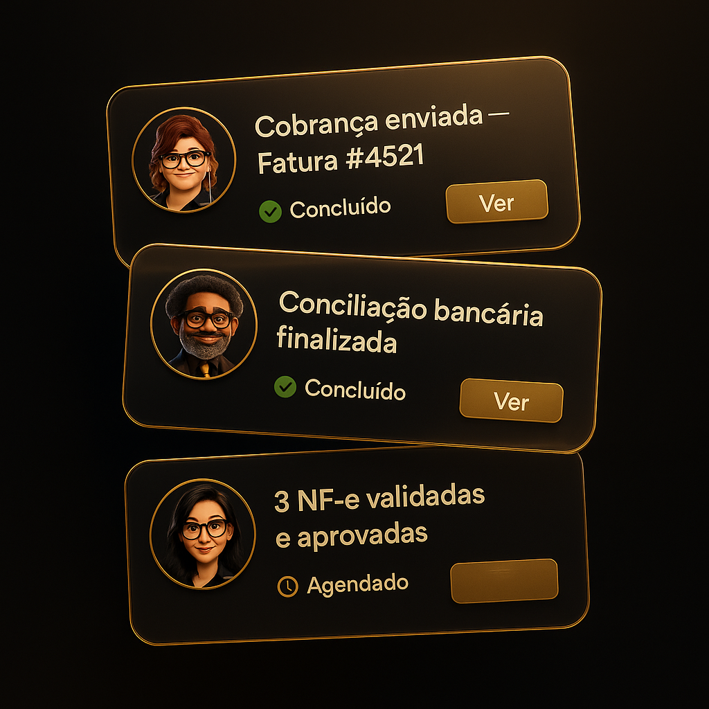 Cards de tarefas completadas pelo time de IA — cobrança, conciliação e NFs